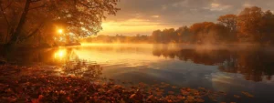 a breathtaking sunrise casts a golden glow over a tranquil lake, with mist rising from the water's surface and vibrant autumn leaves reflecting on the glassy surface.